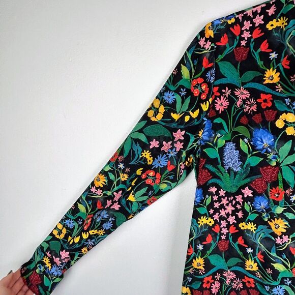 Alice + Olivia Eloise Silk Button Down Blouse Black Multi Color Floral Print  S - Picture 5 of 13